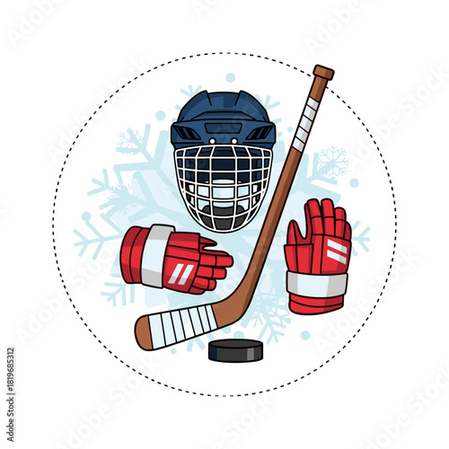 Ice hockey gear with gloves, stick, puck and snowflake background  
