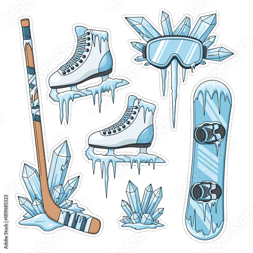 Winter sports equipment with frosty crystals and ice design  