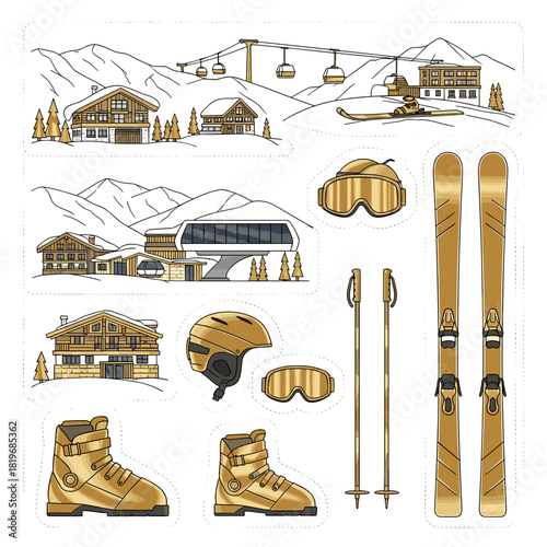 Seamless pattern of winter sports equipment with luxurious gold accents  