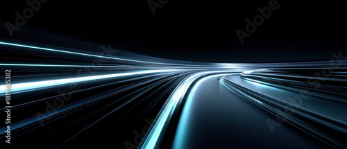 Futuristic stage with glowing parallel lines and raised shelf in navy and cyan tones