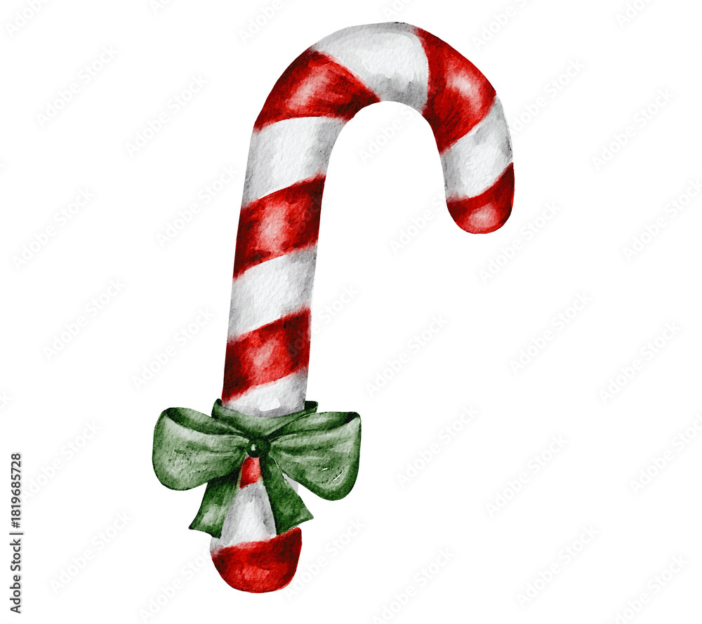 Fototapeta premium Red Christmas candy cane with a green bow. Winter element, watercolor illustration, hand-drawn