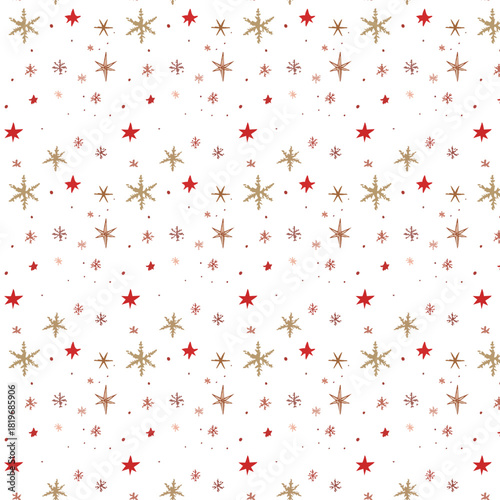 A seamless festive pattern featuring red stars, gold snowflakes, delicate mini snowflakes, and tiny decorative dots scattered across a clean