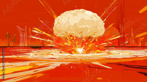 Fiery explosion engulfs a city skyline with a vibrant abstract and energetic visual style.