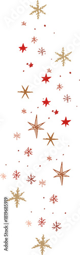 A vertical festive scatter of gold snowflakes, red stars, and tiny winter dots arranged in a flowing decorative composition
