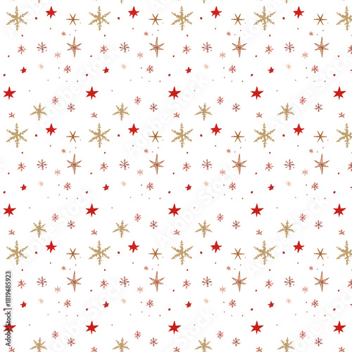 A seamless festive pattern featuring red stars, gold snowflakes, delicate mini snowflakes, and tiny decorative dots scattered across a clean