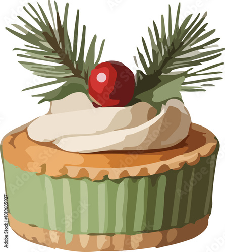 A small festive tart with creamy topping, a single red berry, and pine sprigs arranged on top for a cozy holiday look.