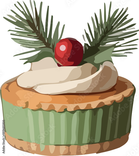 A small festive tart with creamy topping, a single red berry, and pine sprigs arranged on top for a cozy holiday look.