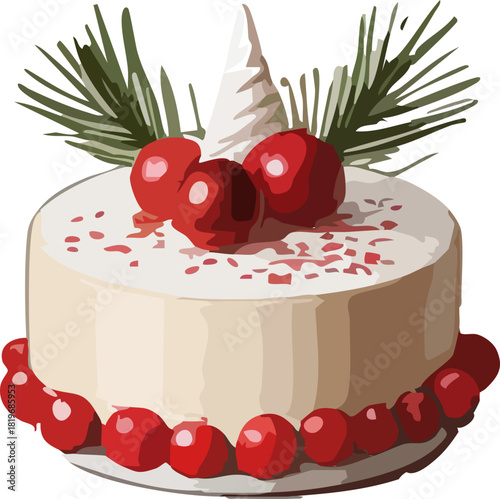 A festive white cake decorated with red berries, pine sprigs, a whipped peak, and a ring of berries around the base for a cozy Christmas look.