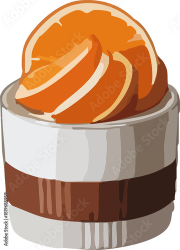 A bright citrus dessert topped with a fresh orange slice, served in a small two-tone cup for a vibrant winter treat.