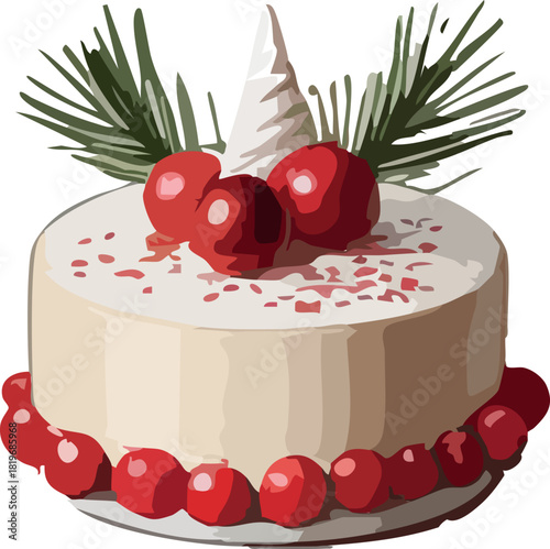 A festive white cake decorated with red berries, pine sprigs, a whipped peak, and a ring of berries around the base for a cozy Christmas look.