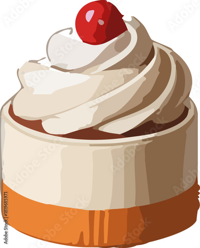 A small creamy dessert topped with a smooth swirl of whipped cream and a single glossy red berry, set in a two-tone cup.