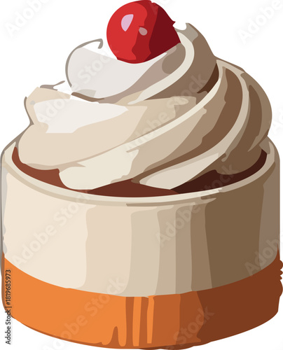 A small creamy dessert topped with a smooth swirl of whipped cream and a single glossy red berry, set in a two-tone cup.