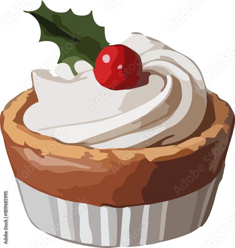 A small festive tart filled with creamy whipped topping and decorated with a glossy red berry and a holly leaf.