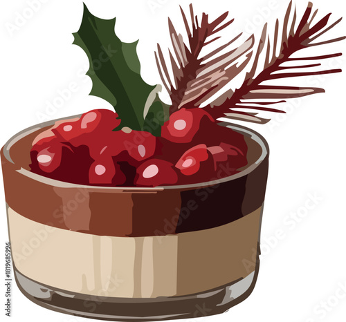 A layered holiday dessert topped with glossy red berries, holly leaves, and festive pine sprigs in a small glass cup.