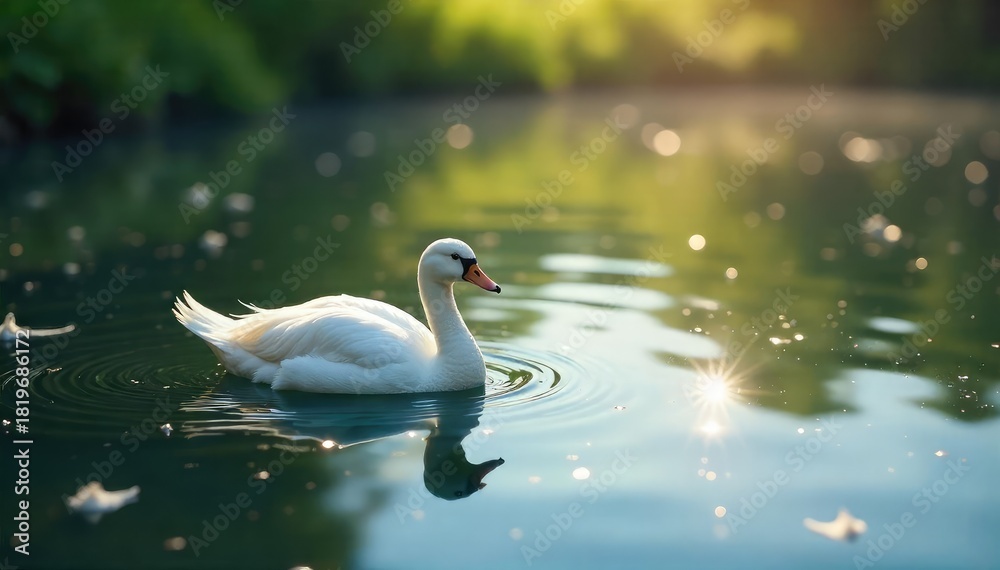 Fototapeta premium Serene landscape featuring a tranquil pond surface dotted with soft, floating feathers, sunlight reflecting gently Perfect for nature, serenity, peace, and tranquility themes , summer, bird