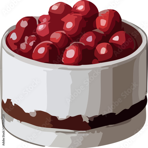 A creamy layered dessert topped with a generous pile of glossy red berries in a simple round cup.