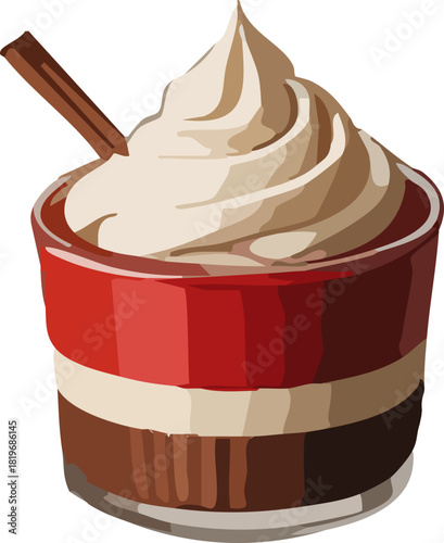 A layered dessert in a glass with chocolate, cream, and a bright red band, topped with a swirl of whipped cream and a cinnamon stick.