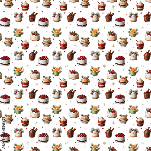 A seamless festive pattern featuring assorted winter desserts—berries, citrus, chocolate, whipped cream, pine sprigs, and stars—arranged on a clean white background.