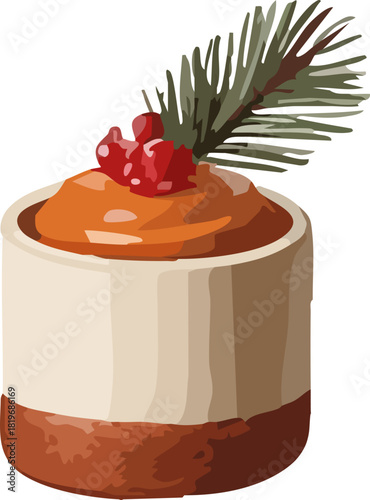 A creamy orange-tinted dessert in a two-tone cup, topped with bright red berries and a festive pine sprig.