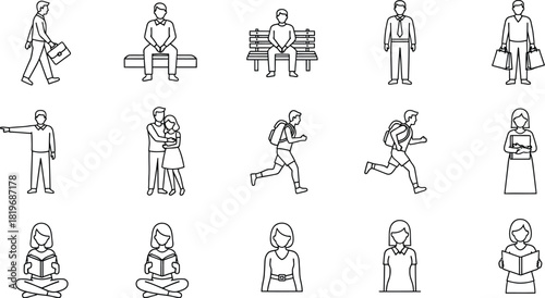 Sketchy people in various poses doing different activities in monochrome drawing