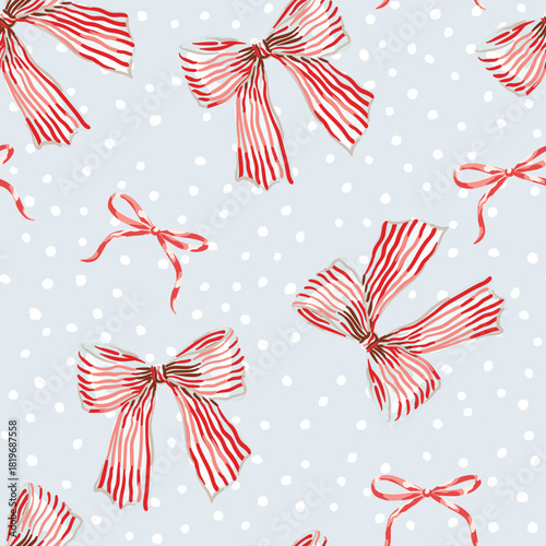 Christmas seamless pattern, red, striped bows, snow, gray background. Vector illustration. Party design. Season greeting. Winter holidays