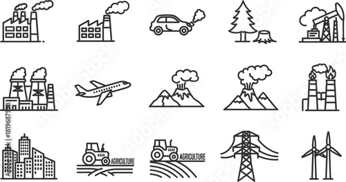 Simple line art icons depicting pollution and environmental issues on white