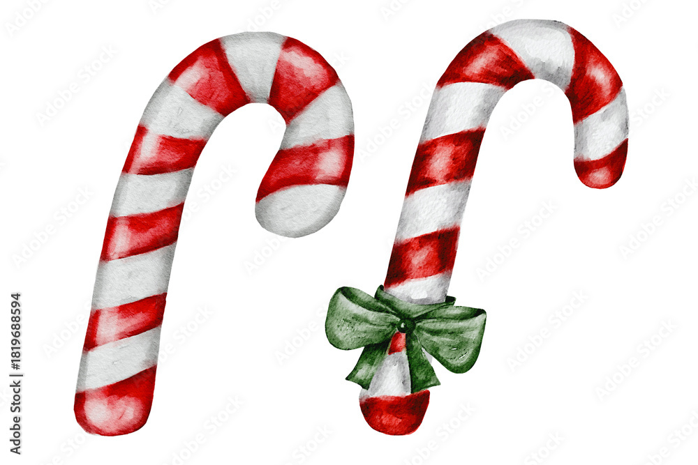 Fototapeta premium Red Christmas candy cane with a green bow. Winter element, watercolor illustration, hand-drawn