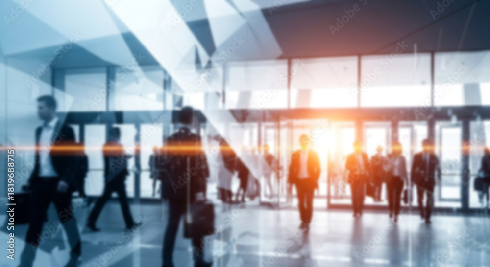 Fototapeta premium Abstract image showing corporate employees entering a conference center during a business event.
