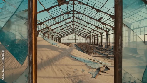 Abandoned glass greenhouse engulfed by desert sand in post-apocalyptic landscape. Ruined structure slowly buried under dunes showing environmental collapse and urban decay after catastrophe.
