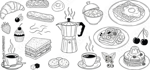 Hand drawn breakfast food illustration with coffee pancakes pasta and croissant