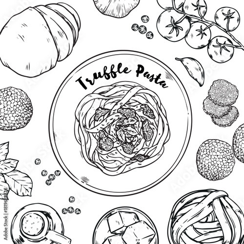 Hand drawn outline drawing Italian cuisine Truffle Pasta and ingredients vector illustration