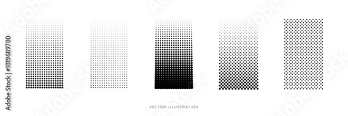 Set of Halftone dots gradient pattern with grainy texture. Abstract comic design. Half tone backgrounds. Stipple noise effect. Vector illustration icons isolated on white background