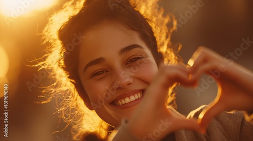 Joyful Woman Smiling with Heart Gesture in Golden Hour Lighting