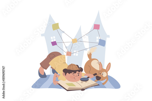 Children reading book concept with cartoon people for web design. Boy reads detective story, imagining literary adventures, enjoying novel and playing game with investigations. Vector illustration.