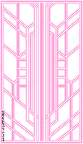 Vertical column geometry stacks neon segments in linear symmetry expressing structured fanburst and sunburst alignment.