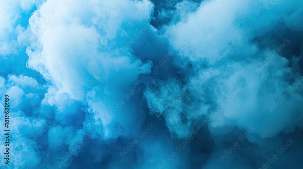 Fototapeta premium Blue white smoke, fog, steam, cloud, sky background. Realistic smoky mist, toxic vapor, gas exploding, water evaporation. Magic smoke or fog backdrop for Halloween celebration