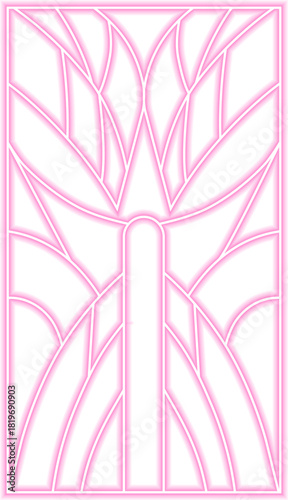 Floral rising motif forms stylized neon petals lifting in geometric symmetry influenced by fanburst and sunburst structure.