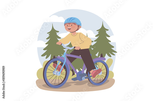 Children cycling concept with cartoon people for web design. Boy in helmet riding bicycle in park or forest, enjoying movement and freedom at bike, activity and travel outdoors. Vector illustration.