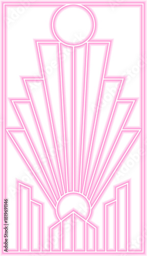 Stepped radiant spire rises through layered neon tiers forming upward symmetric geometry influenced by fanburst and sunburst lift.