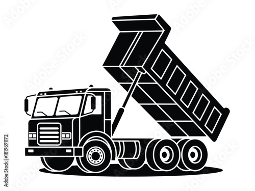 Illustration of a black and white dump truck with raised bed