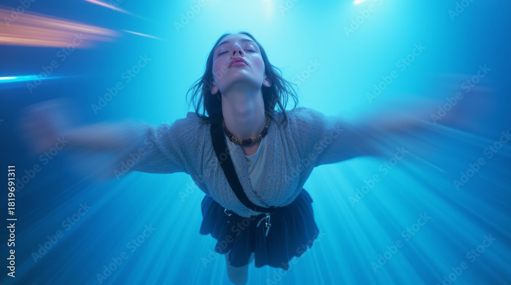 Fototapeta premium Woman Levitating in Surreal Blue Luminous Tunnel