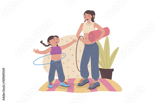 Family sport concept with cartoon people for web design. Mother and daughter doing exercises at home, training at yoga mat, spinning hula hoops and enjoying dynamic movements. Vector illustration.