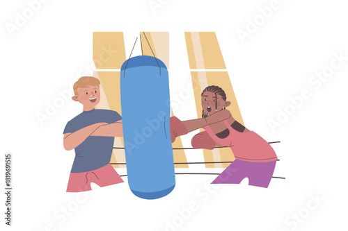 Fitness at gym concept with cartoon people for web design. Woman boxing and exercising with trainer. Diversity group in sport club train with instructor, prepare to competition. Vector illustration.