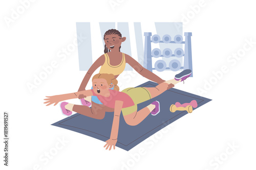 Fitness at gym concept with cartoon people for web design. Woman doing pilates, balance pose and exercising with trainer. Diversity group in sport club training with instructor. Vector illustration.