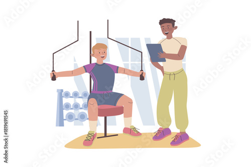 Fitness at gym concept with cartoon people for web design. Man lifting weight at machine and exercising with trainer. Diversity group in sport club training with instructor. Vector illustration.