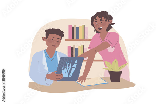 Healthcare concept with cartoon people for web design. Doctor and nurse examining x-ray with skeleton picture, making disease diagnosis, appointment and treatment prescription. Vector illustration.