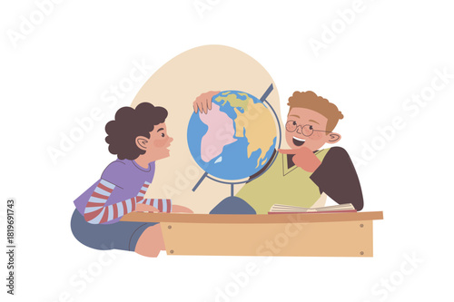 Children learning concept with cartoon people for web design. Classmates studying geography with globe, looking at continents at map, exploring landmarks and culture diversity. Vector illustration.