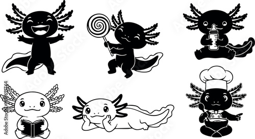 Cartoon axolotl character set with cute expressions and poses vector illustration