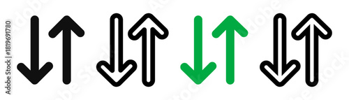 Up and down sign with green and black arrows in flat style showing movement direction and sales change. Vector illustration of a sales bar chart icon used as an elevator symbol or universal pictogram