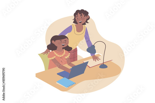 Children learning concept with cartoon people for web design. Mother helping her daughter doing homework, girl studying online and using laptop and notes, sitting desk at home. Vector illustration.